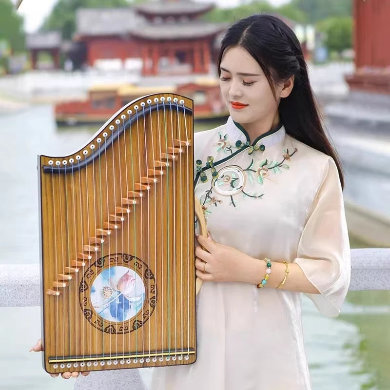 Traditional Chinese Guzheng with floral soundhole and 21 strings for elegant music