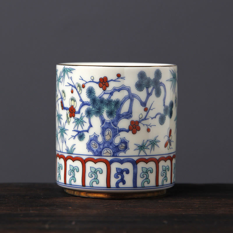 Vintage Ceramic Teacup with Plum Blossom Pine Bamboo Motifs