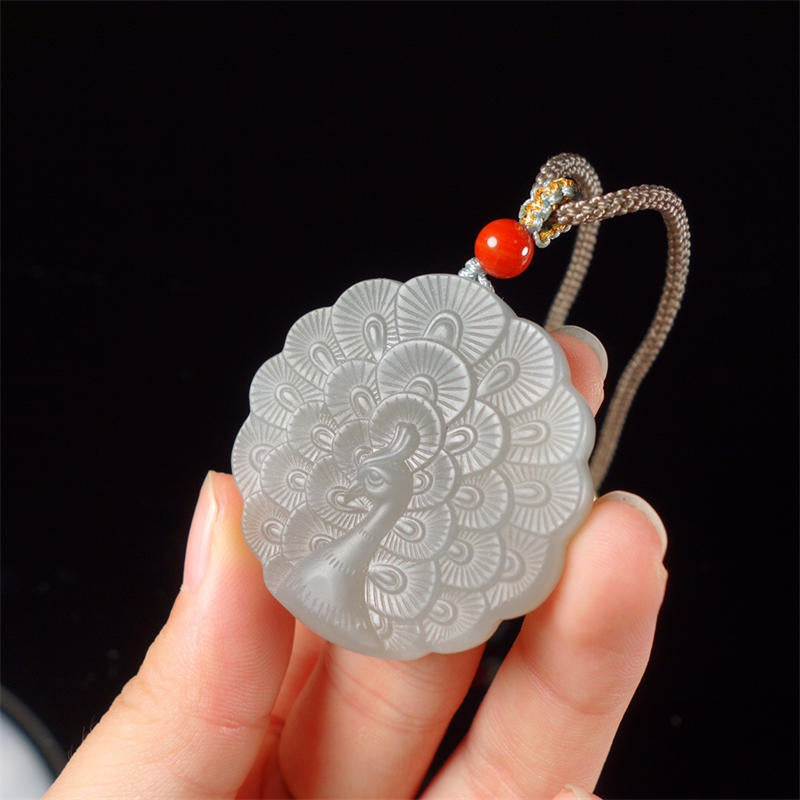 White Jade Peacock Protection Necklace Blessing Pendant