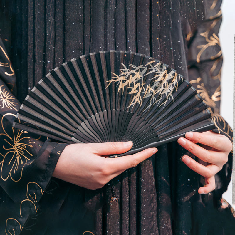 21cm Black Bamboo Leaf Chinese Folding Silk Fan
