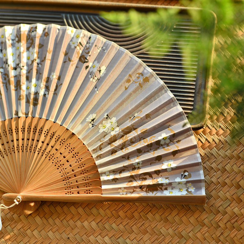 21cm Chinese Folding Fan with Cherry Blossoms | Bamboo & Polyester