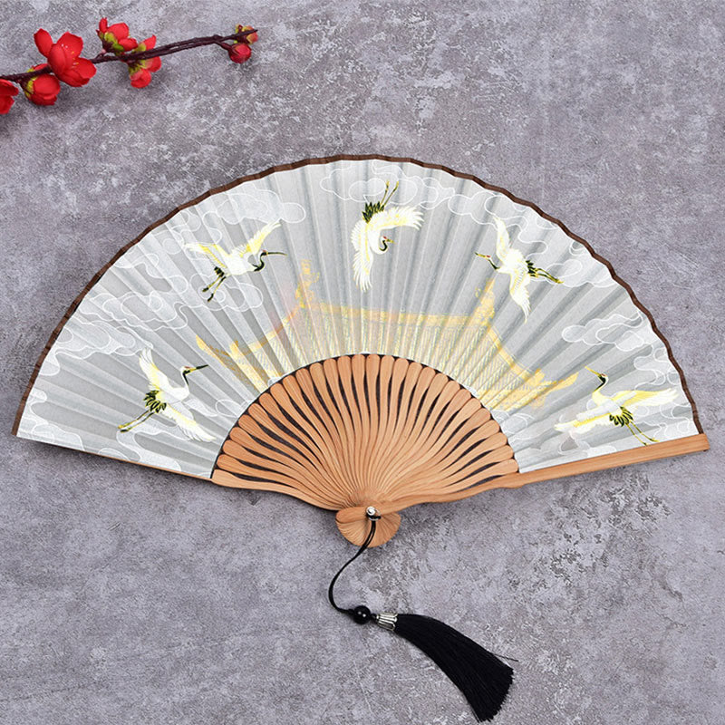21cm Chinese Folding Fan with Crane & Auspicious Clouds Design