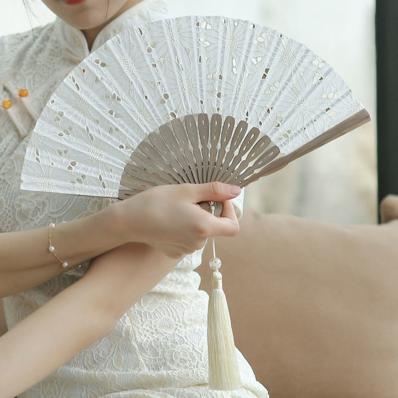 21cm Solid Color Hollow Flower Bamboo Hand Fan Cotton