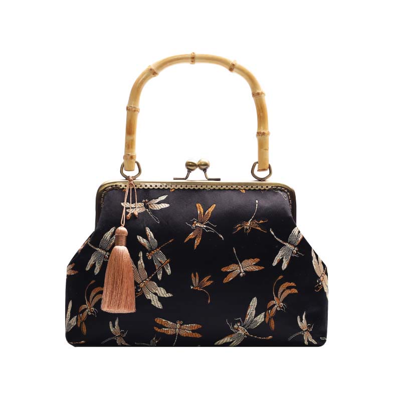 22.5cm Bamboo Handle Handbag | Dragonfly Crane Plum Blossom Leaf