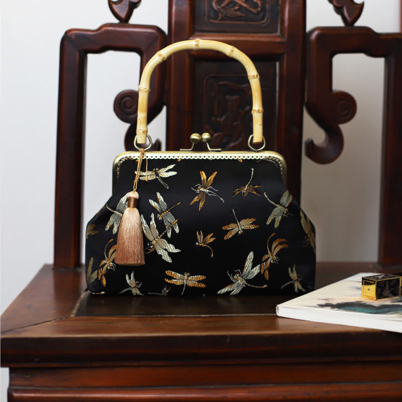 22.5cm Bamboo Handle Handbag | Dragonfly Crane Plum Blossom Leaf