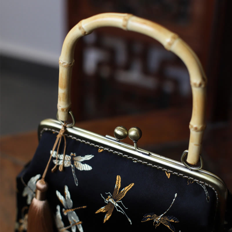 22.5cm Bamboo Handle Handbag | Dragonfly Crane Plum Blossom Leaf