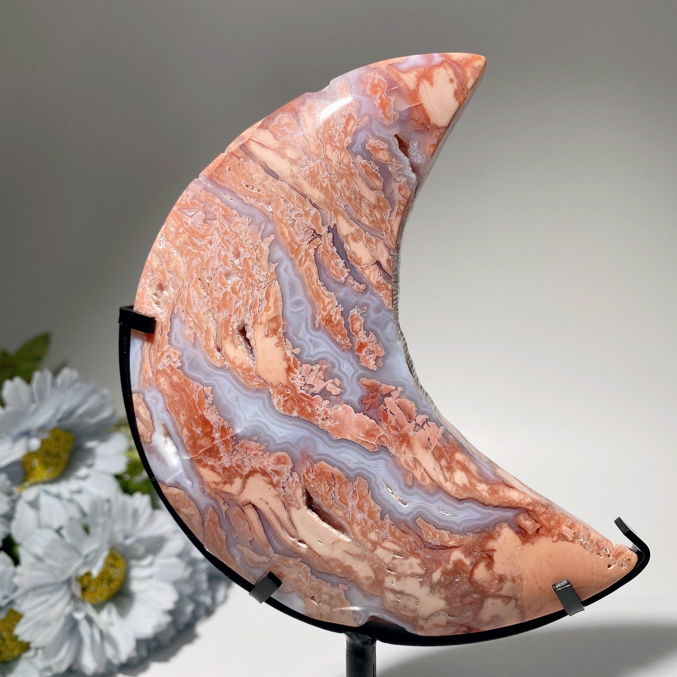 22.5cm Pink Flower Agate Moon Crystal Sculpture