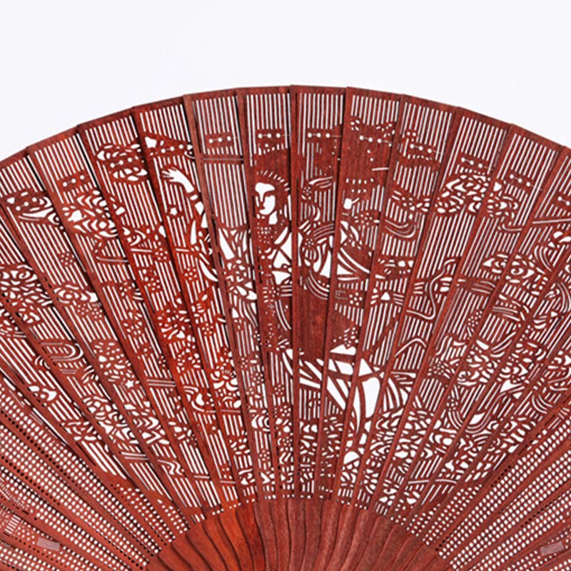 22.5cm Small Leaf Red Sandalwood Folding Fan with Crane Peacock Chang'e Moon Engraving