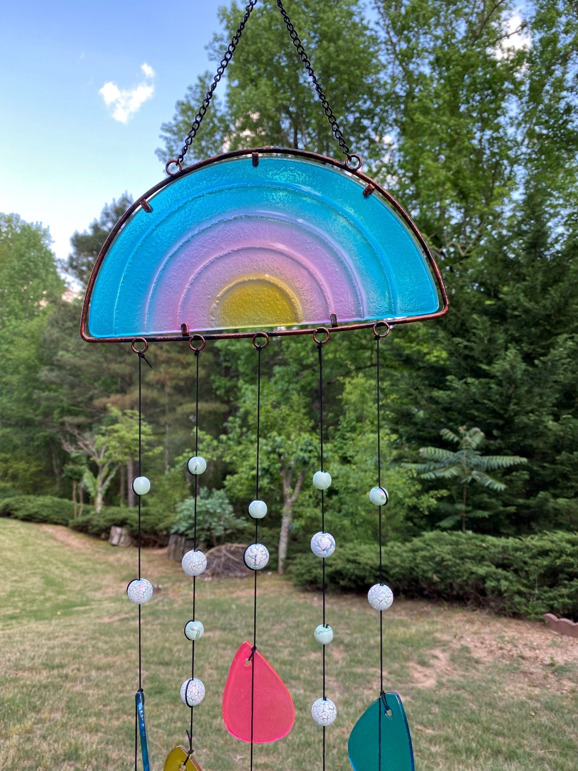 Rainbow Glass Wind Chime with Colorful Panels and Crystal Beads for Home and Garden