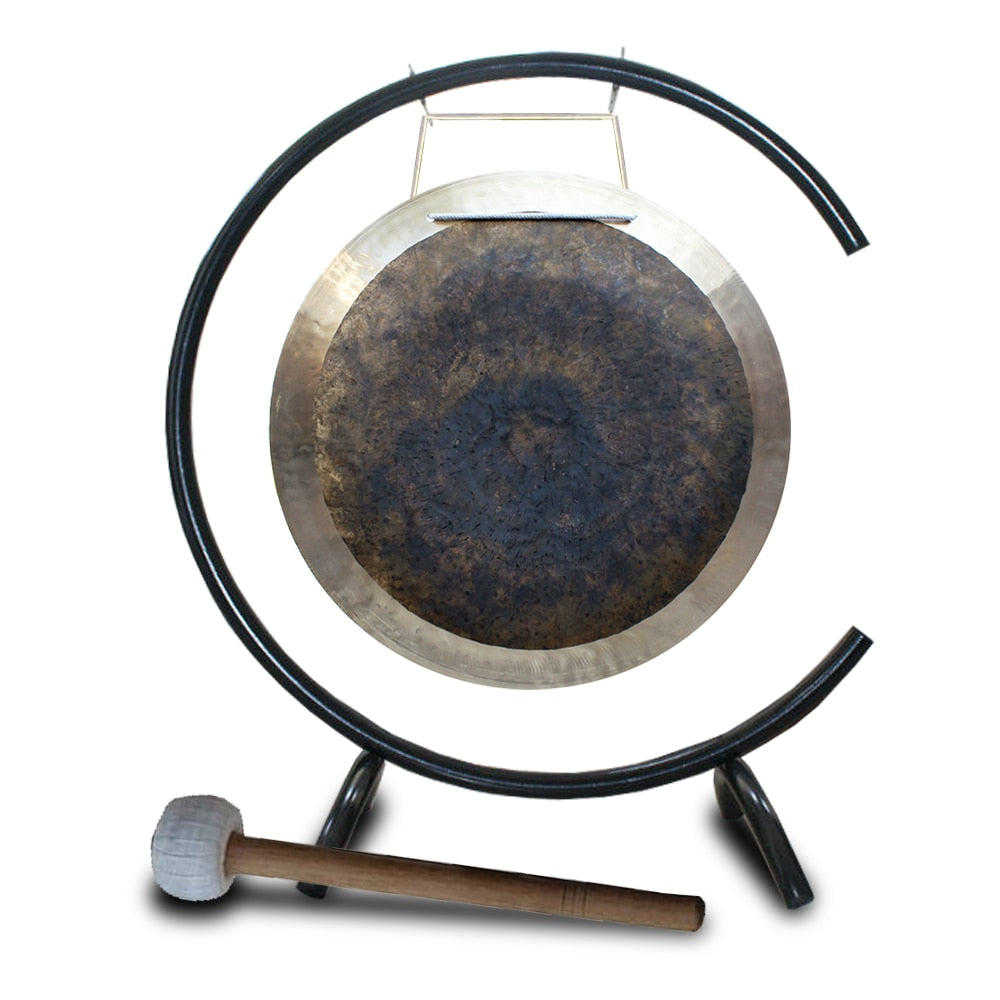 Circular gong on C-shaped stand with mallet, ideal for sound healing practices