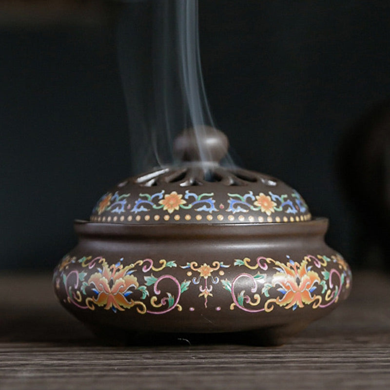 Ceramic Zen Incense Burner with Dragon or Floral Design 11.7cm
