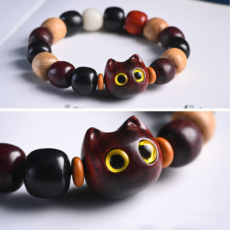 Ebony Wood Protection Bracelet with Small Leaf Red Sandalwood Cat Charm