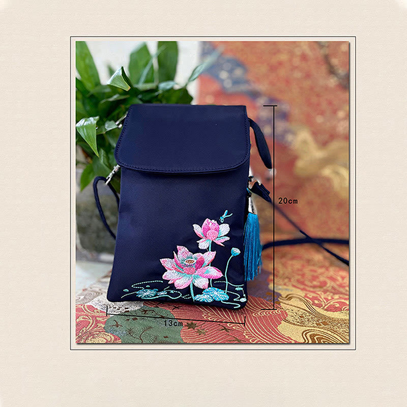 Handmade Embroidered Lotus Flowers Crossbody Bag Waterproof