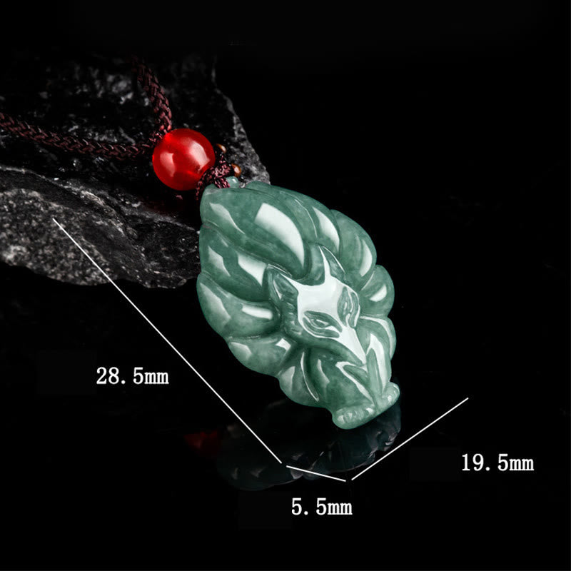 Green Jade Nine Tailed Fox Luck Necklace Pendant