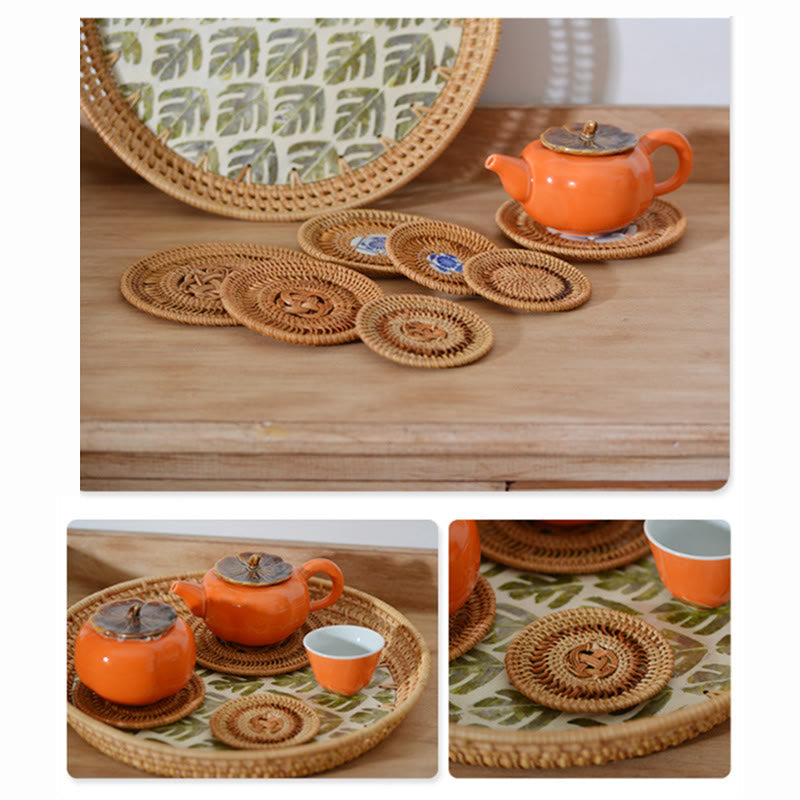 Ceramic Flower Pattern Rattan Cup Mat | 10cm Coaster