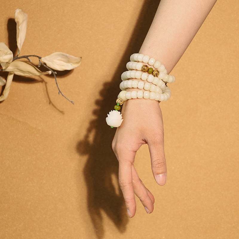 7x9mm White Jade Bodhi Lotus Mala Harmony Bracelet