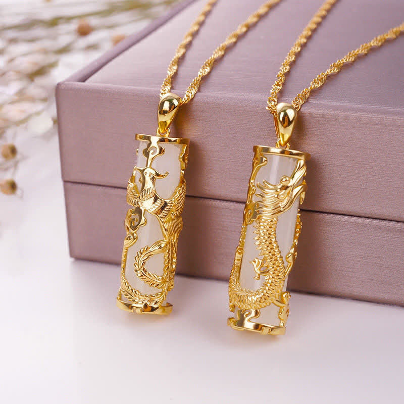 White Jade Dragon Phoenix Necklace | Copper Harmony Pendant