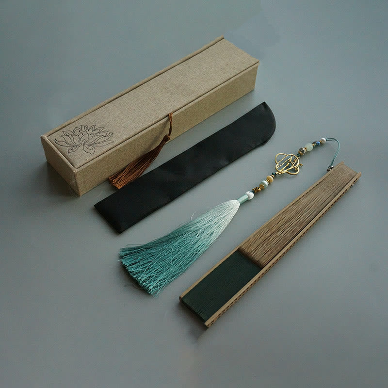 22cm Dark Green Chinese Folding Silk Handheld Bamboo Fan