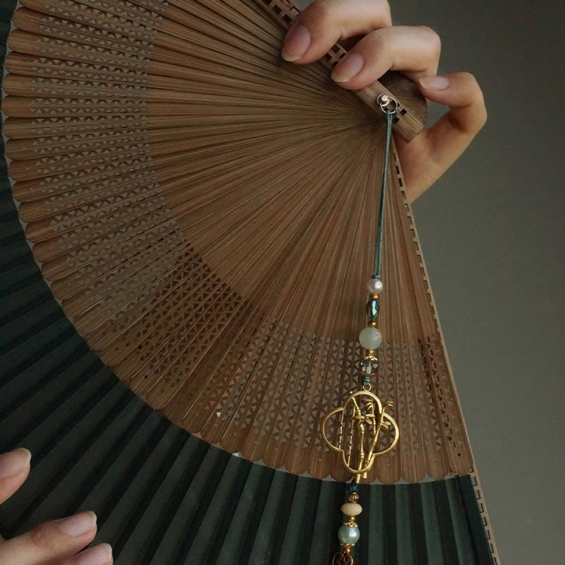 22cm Dark Green Chinese Folding Silk Handheld Bamboo Fan