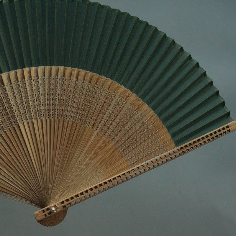 22cm Dark Green Chinese Folding Silk Handheld Bamboo Fan