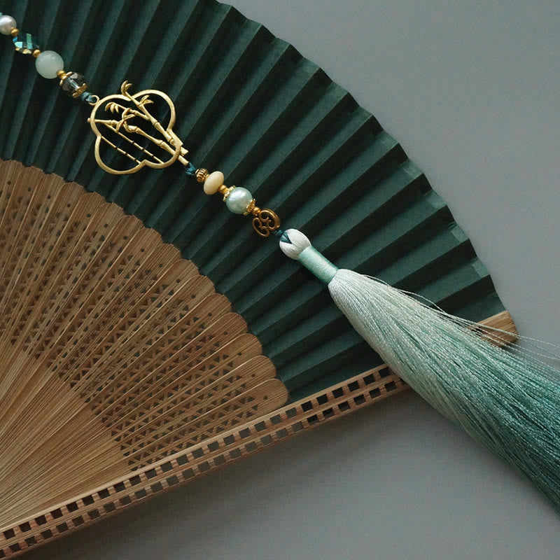 22cm Dark Green Chinese Folding Silk Handheld Bamboo Fan