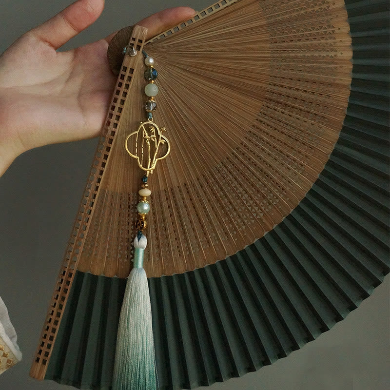22cm Dark Green Chinese Folding Silk Handheld Bamboo Fan
