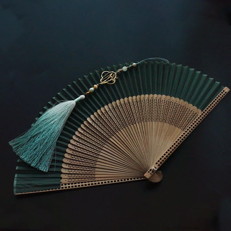 22cm Dark Green Chinese Folding Silk Handheld Bamboo Fan