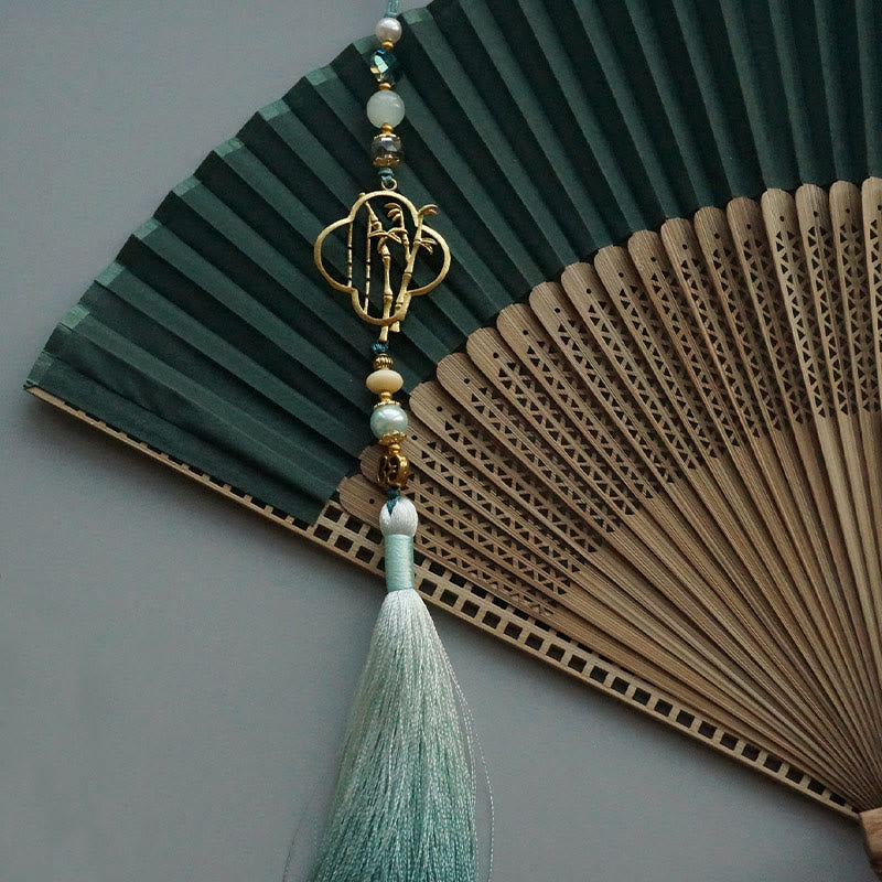 22cm Dark Green Chinese Folding Silk Handheld Bamboo Fan