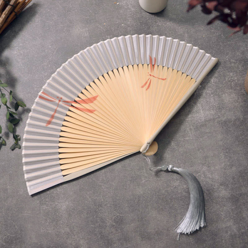 22cm Dragonfly Bamboo Folding Fan with Tassel - Elegant Handheld Fan