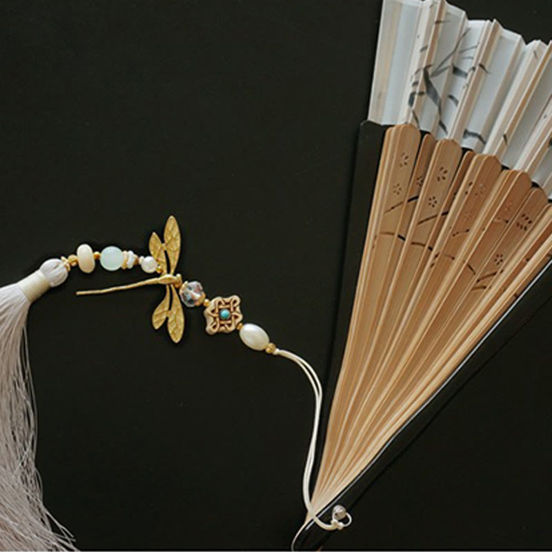 22cm Dragonfly Bamboo Hand Fan with Tassel and Boxwood Design