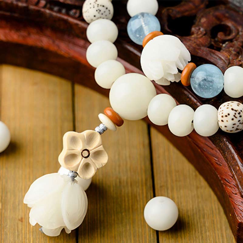 Unisex Lotus Bracelet with White Jade, Bodhi Seed & Blessings