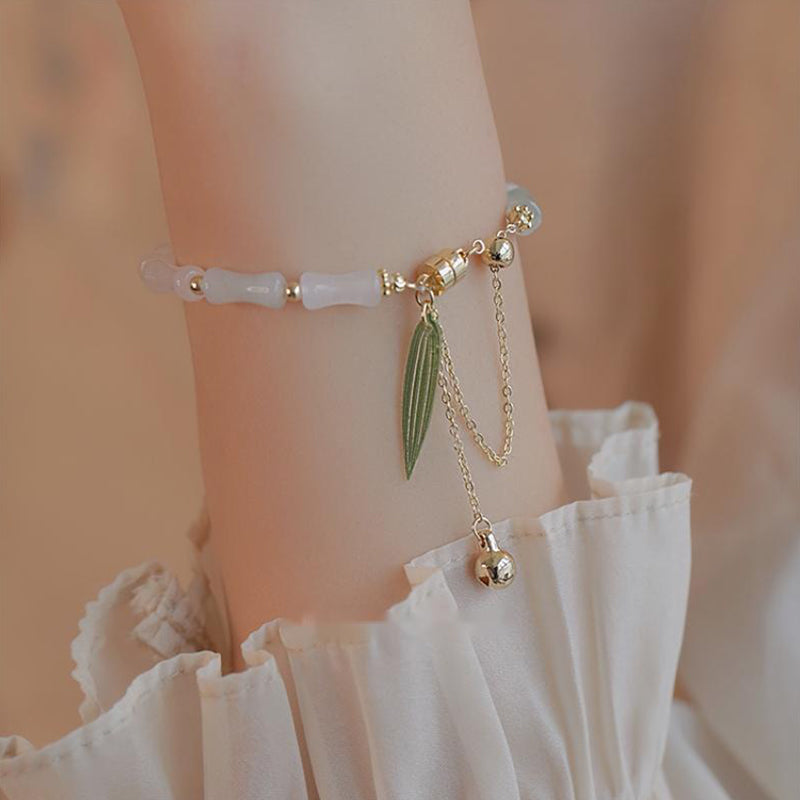14K Gold Plated Hetian White Jade Bamboo Leaf Protection Bracelet
