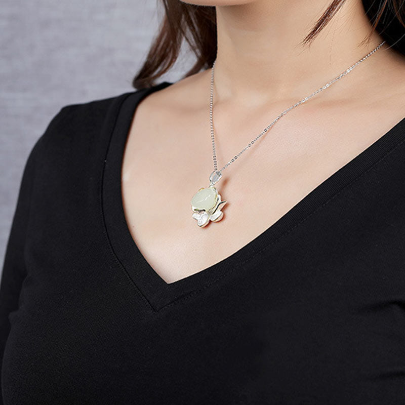 White Jade Lotus Flower Happiness Protection Necklace