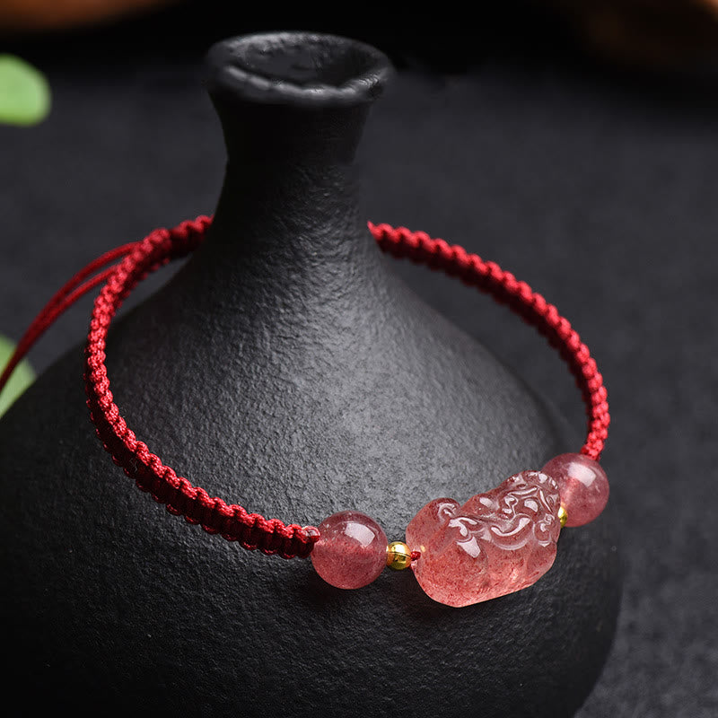 Natural Strawberry Quartz PiXiu Red String Bracelet for Luck