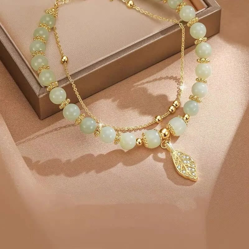 Jade Luck Beaded Bracelet with Leaf, Tulip & Fu Symbol