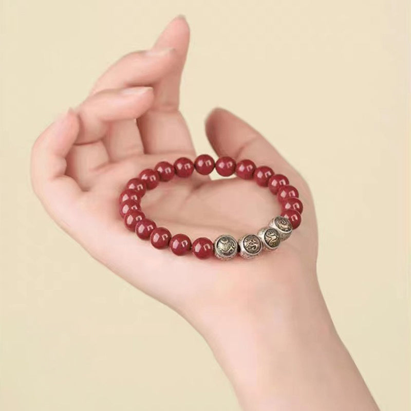 8mm Sterling Silver Cinnabar Four Beasts Blessing Bracelet