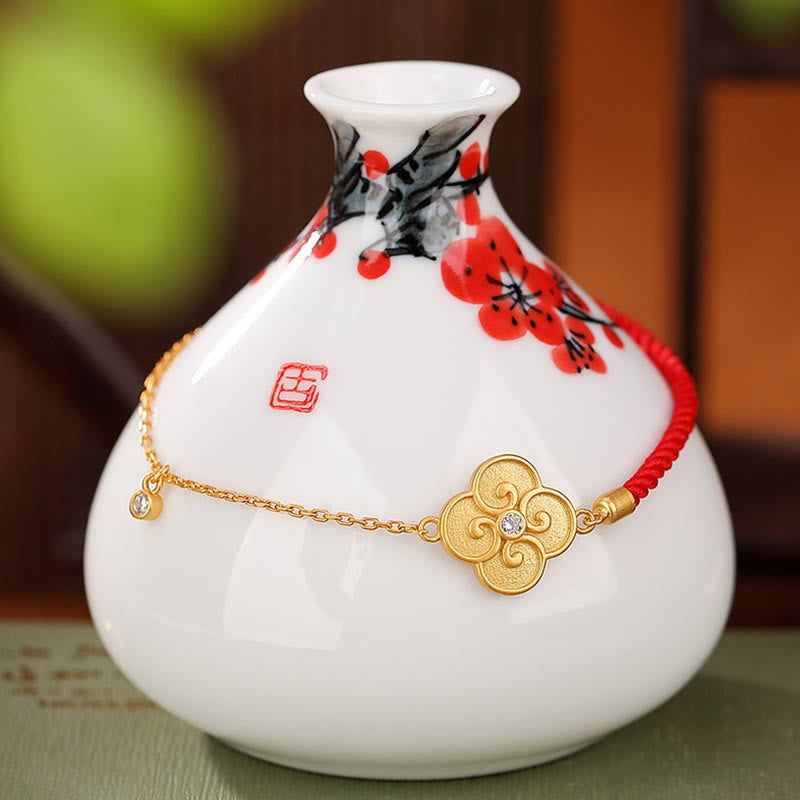 Gold Plated Four Leaf Clover Luck Bracelet with Red String