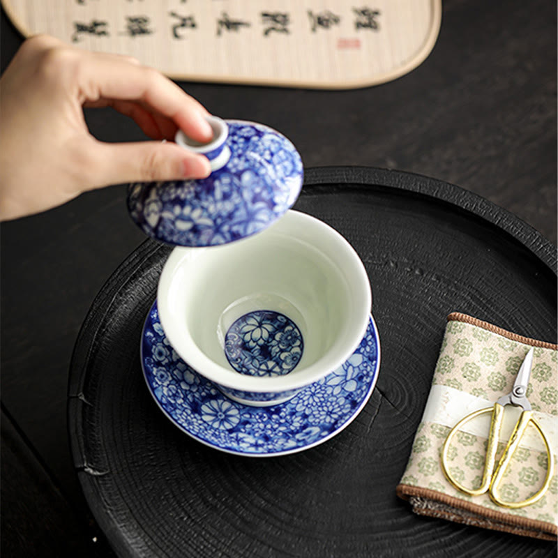 Vintage Blue White Porcelain Gaiwan Tea Cup Set 150ml Meditation