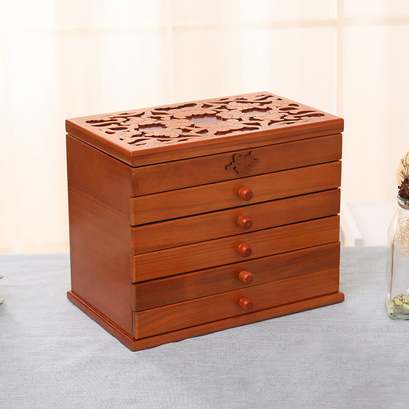 Spacious Six-Layer Vintage Flower Wooden Jewelry Box