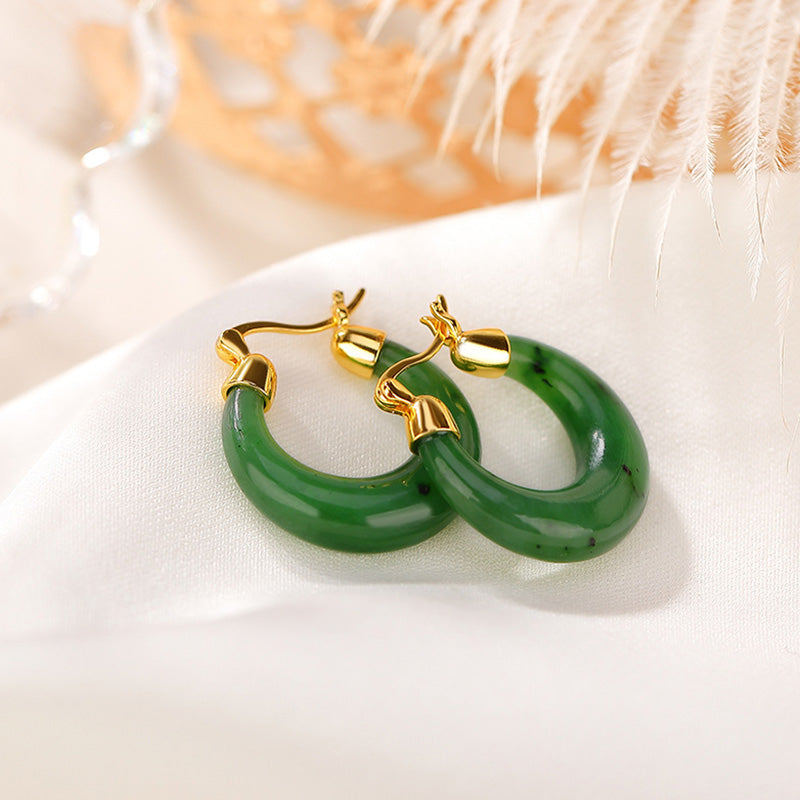 23mm Hetian Cyan Jade Gold Plated Luck Drop Earrings