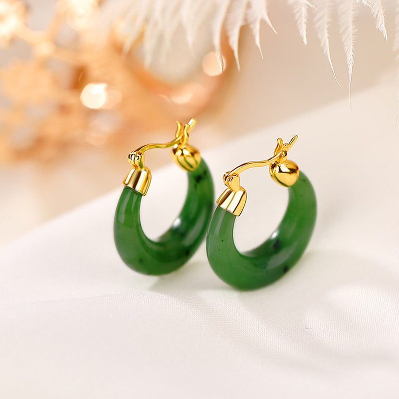 23mm Hetian Cyan Jade Gold Plated Luck Drop Earrings