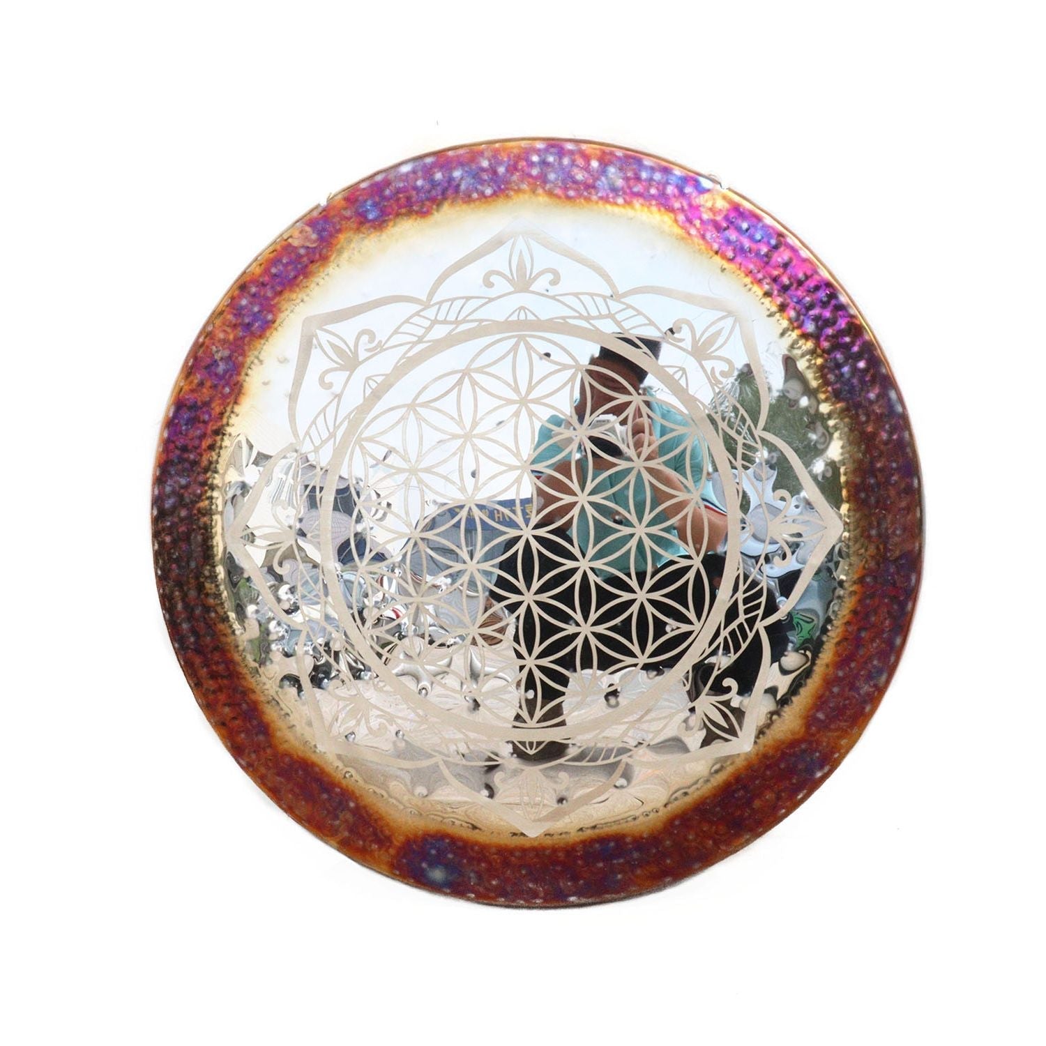 Iridescent glass orb with etched geometric Flower of Life design on 24 inch Wind Gong