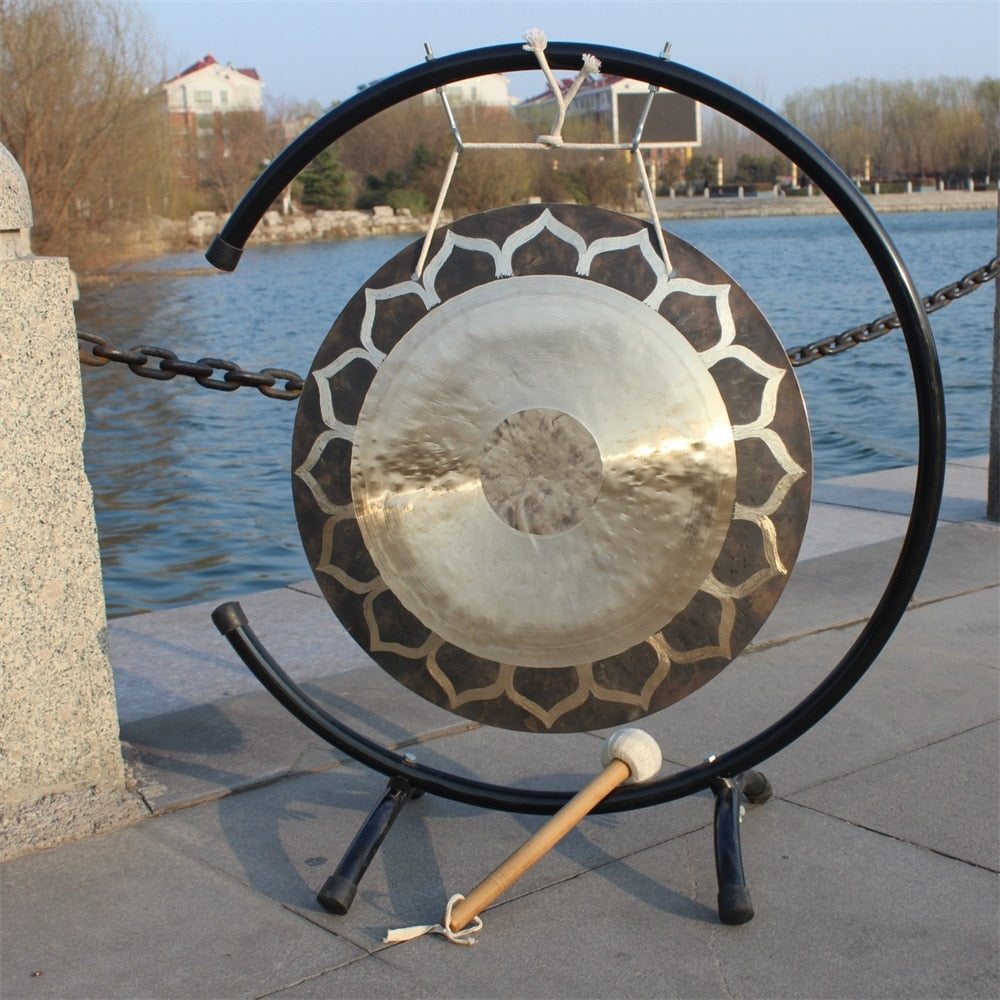 24-inch Lotus Wind Gong on metal stand with mallet for meditation decor