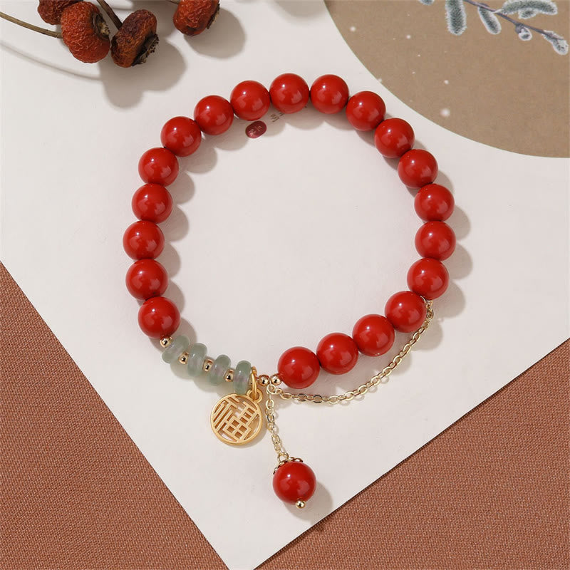 8mm Jade Bracelet with Cinnabar & Fu Character Symbol