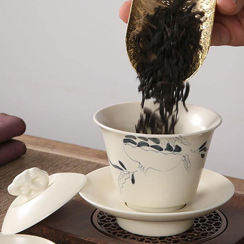Hand Painted Ceramic Gaiwan Tea Cup With Lid 200ml | Zen Decor
