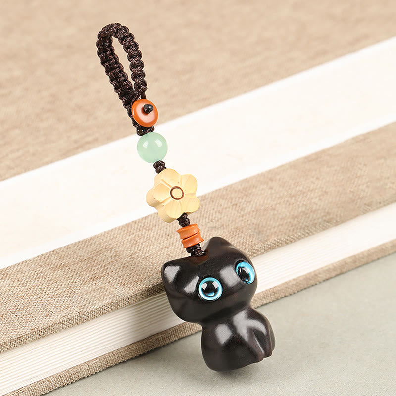 Ebony Wood Lucky Cat Key Chain for Spiritual Peace & Balance