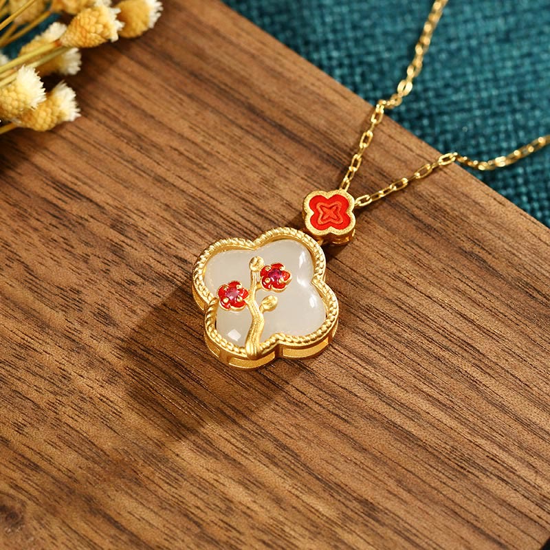 24K Gold Plated White Jade Luck Pendant Necklace & Earrings