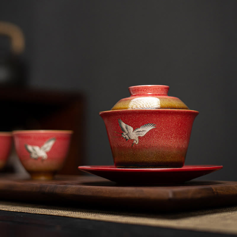 Red Auspicious Crane Ceramic Gaiwan Sancai Teacup | Zen Decor