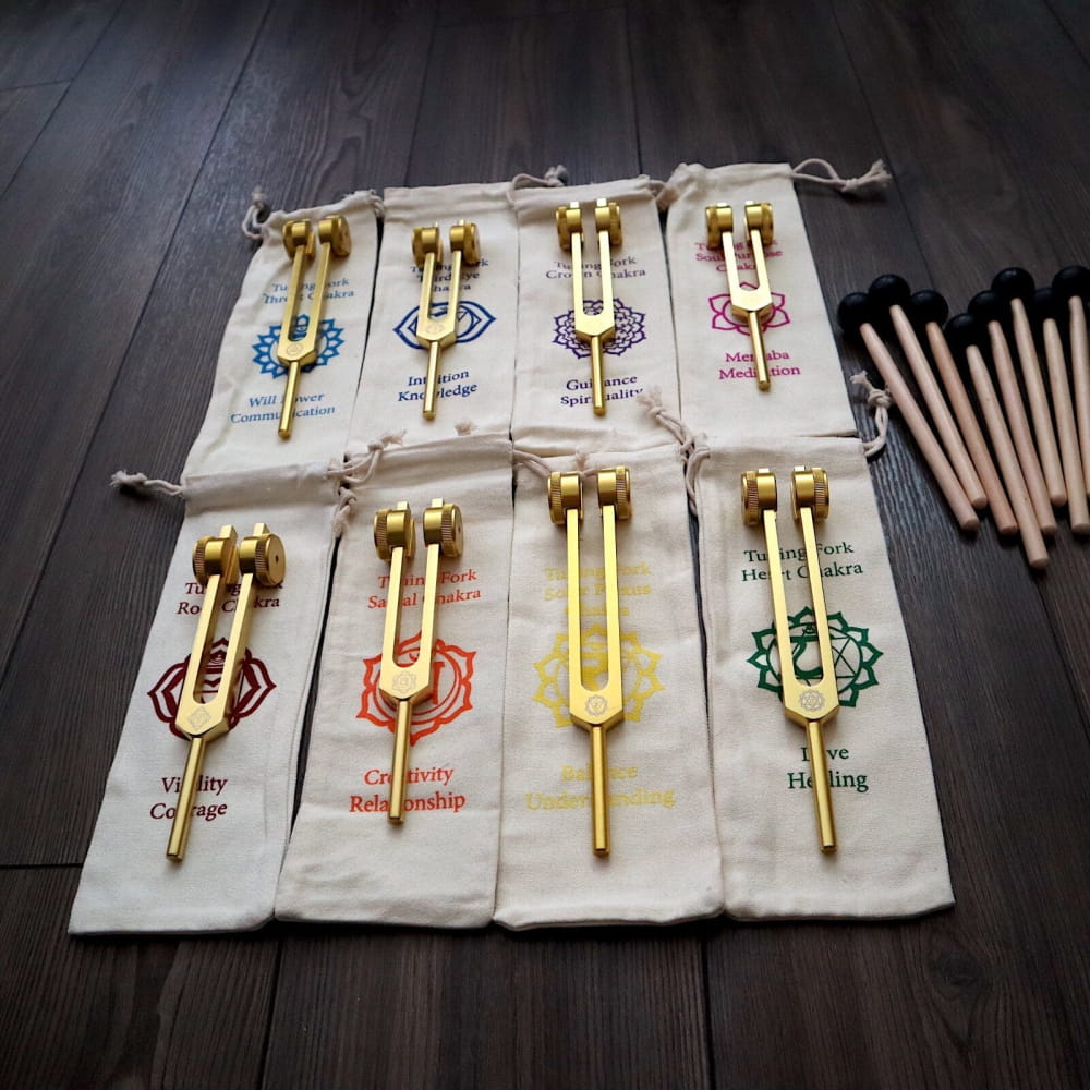 24K Gold 8pc Chakra Tuning Fork Set - Root to Crown Healing - 8pc Chakra / No Activator - On sale