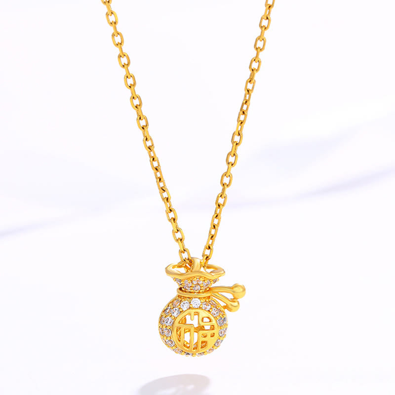 24K Gold Plated Fu Character Fortune Money Bag Necklace